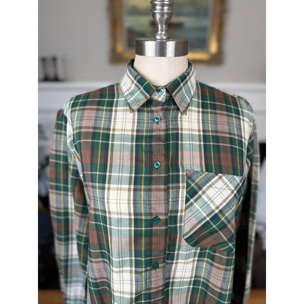 Vintage Green Brown Plaid Button Down Shirt, 70s 80s Scout Style, Medium